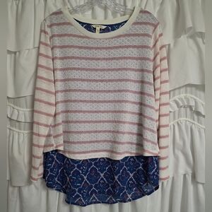 Matilda Jane Split Back Pink and White Striped Top with Blue Patterned Hem